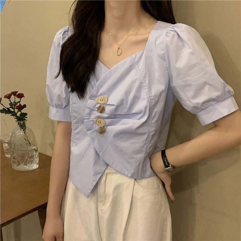 Irregular V-neck Short White Shirt Design Sense Niche Summer Wear Puff Short Sleeve - Nioor