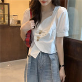 Irregular V-neck Short White Shirt Design Sense Niche Summer Wear Puff Short Sleeve - Nioor