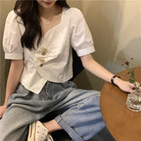 Irregular V-neck Short White Shirt Design Sense Niche Summer Wear Puff Short Sleeve - Nioor