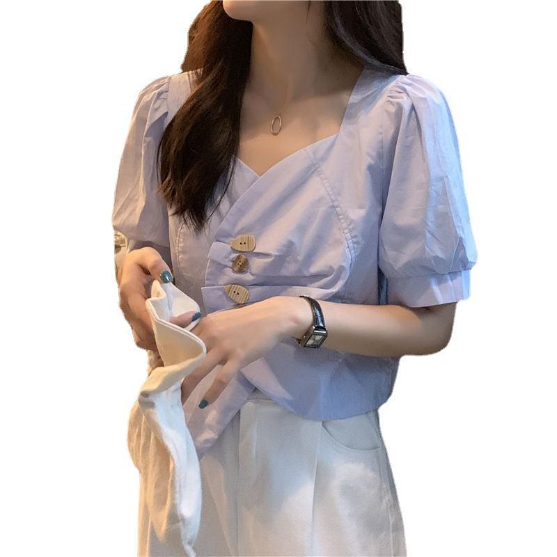 Irregular V-neck Short White Shirt Design Sense Niche Summer Wear Puff Short Sleeve - Nioor