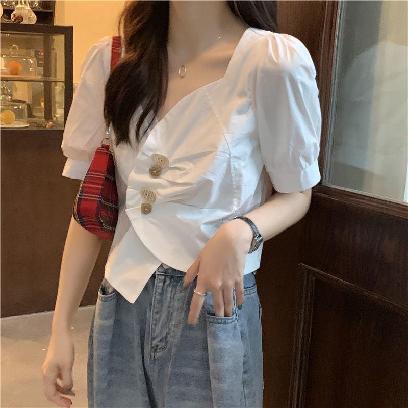 Irregular V-neck Short White Shirt Design Sense Niche Summer Wear Puff Short Sleeve - Nioor