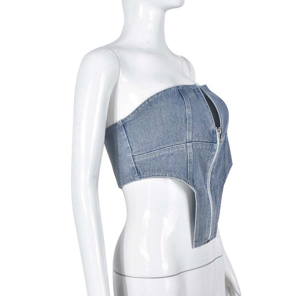 Irregular Zipper Wash Denim Tube Top - Nioor