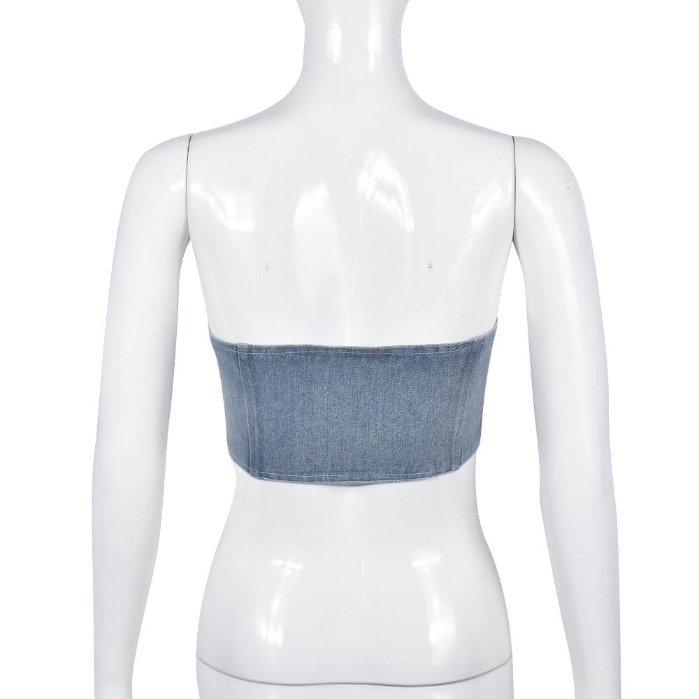 Irregular Zipper Wash Denim Tube Top - Nioor