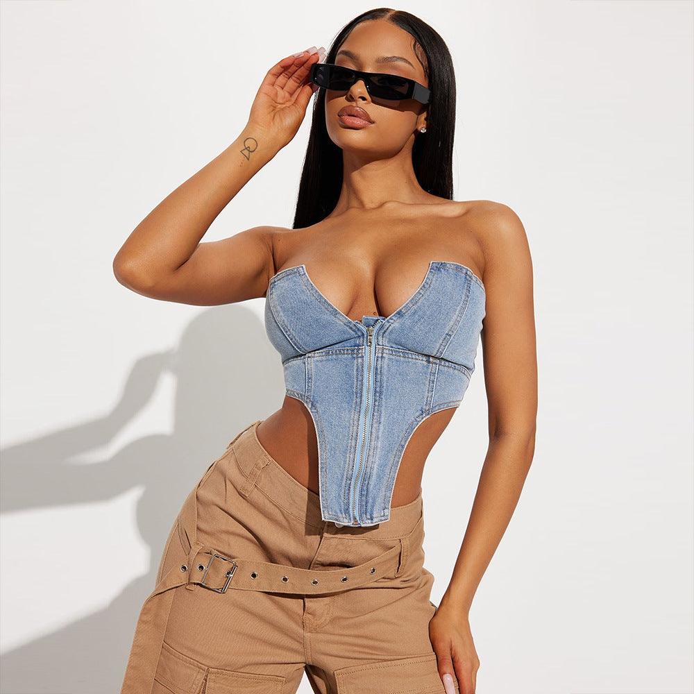 Irregular Zipper Wash Denim Tube Top - Nioor