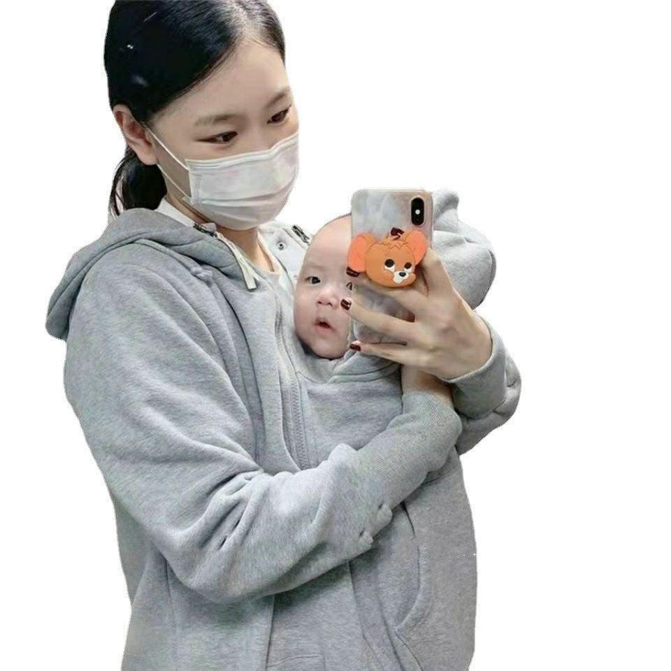 Kangaroo Mother Baby One-piece Coat Plush Nursing Sweater Coat - Nioor