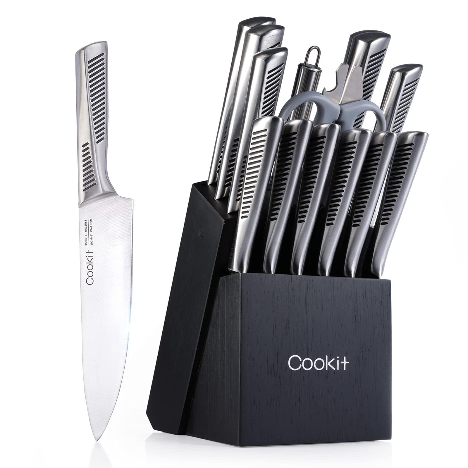 Kitchen Knife Set, 15 Piece Knife Sets with Block, Chef Knives with Non-Slip German Stainless Steel Hollow Handle Cutlery Set with Multifunctional Scissors Knife Sharpener Amazon Platform Banned - Nioor