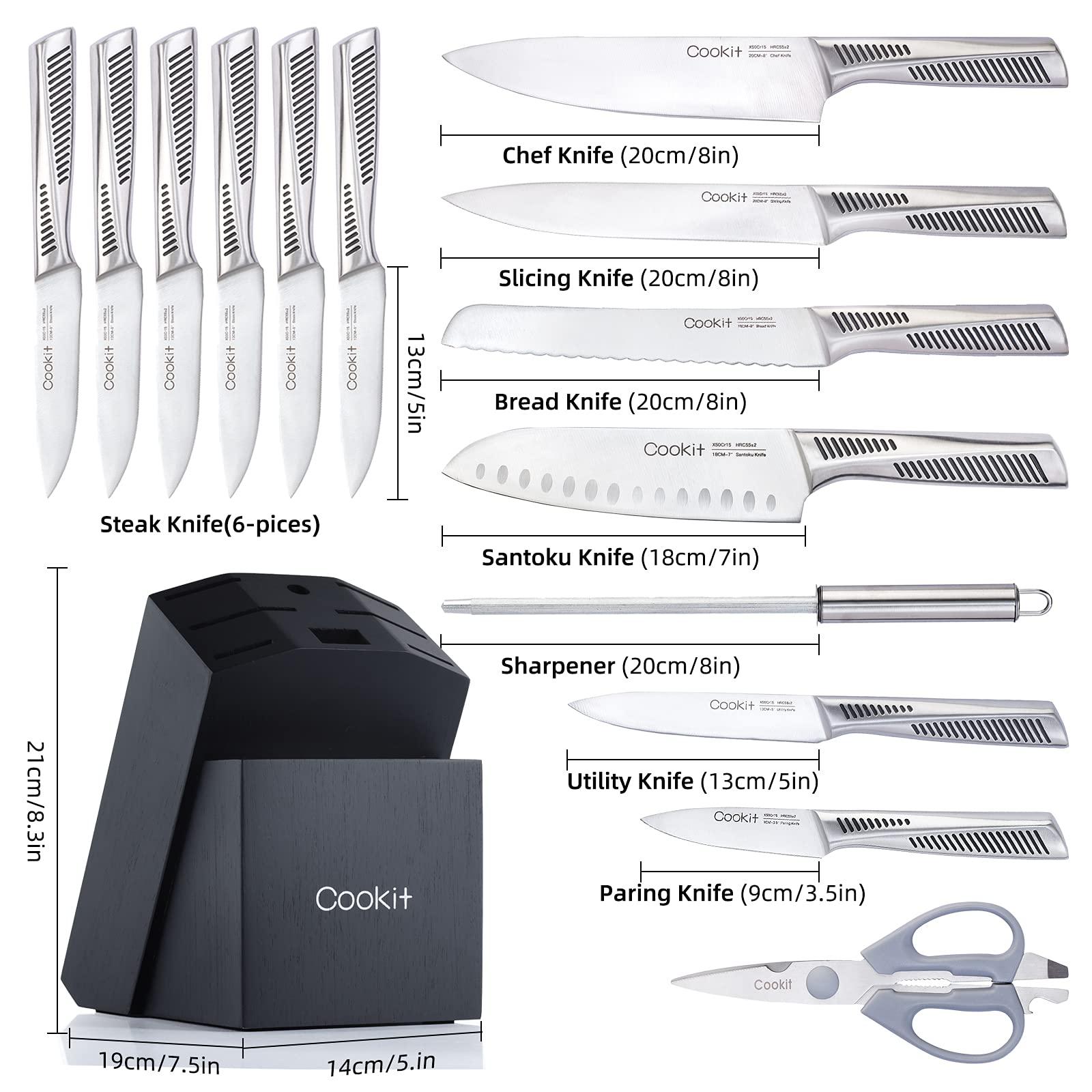 Kitchen Knife Set, 15 Piece Knife Sets with Block, Chef Knives with Non-Slip German Stainless Steel Hollow Handle Cutlery Set with Multifunctional Scissors Knife Sharpener Amazon Platform Banned - Nioor