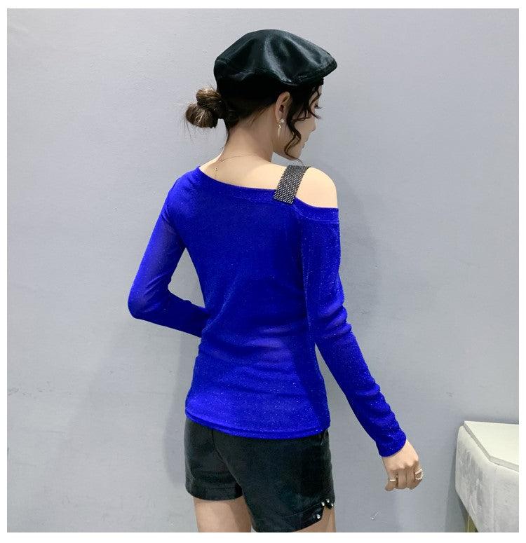 Klein Blue T-shirt Women's Small Shirt Design Bottoming Off-the-shoulder Top - Nioor