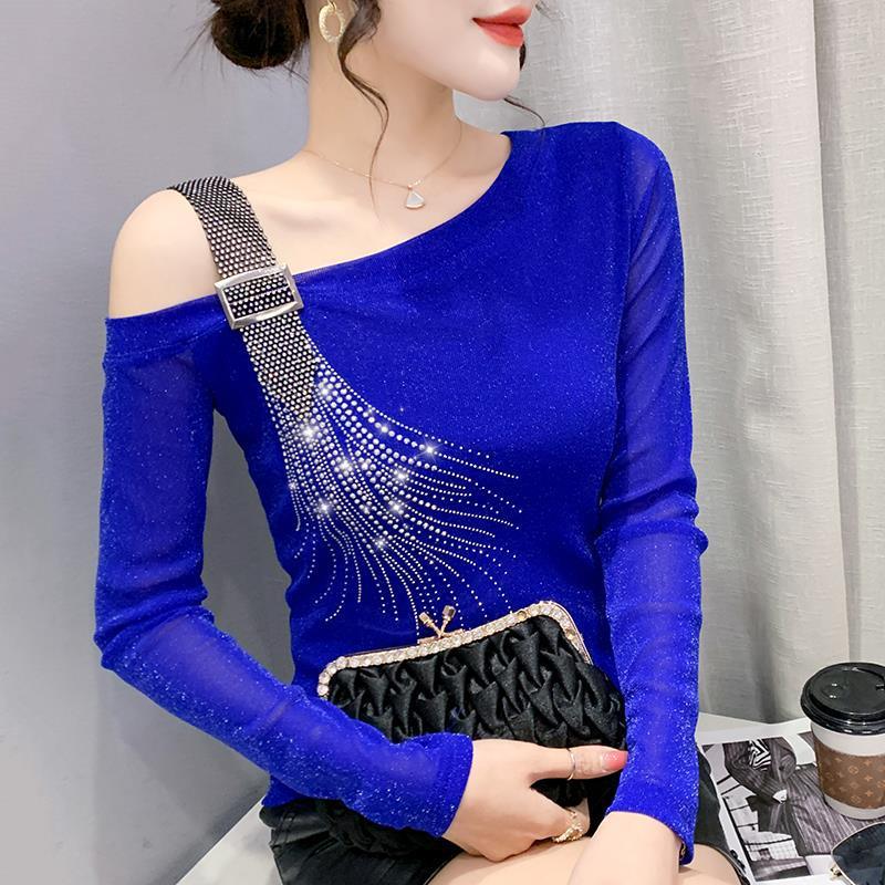 Klein Blue T-shirt Women's Small Shirt Design Bottoming Off-the-shoulder Top - Nioor