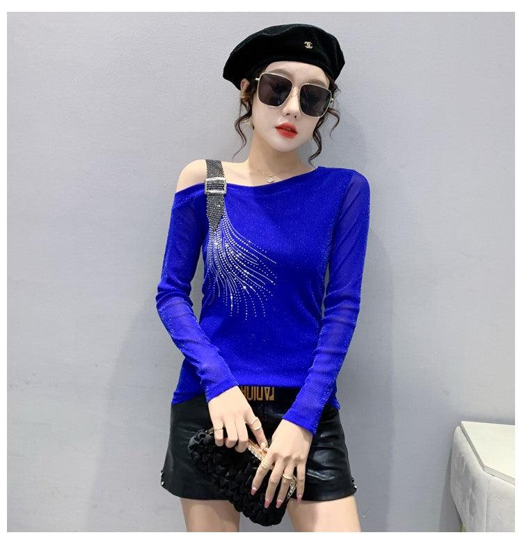 Klein Blue T-shirt Women's Small Shirt Design Bottoming Off-the-shoulder Top - Nioor