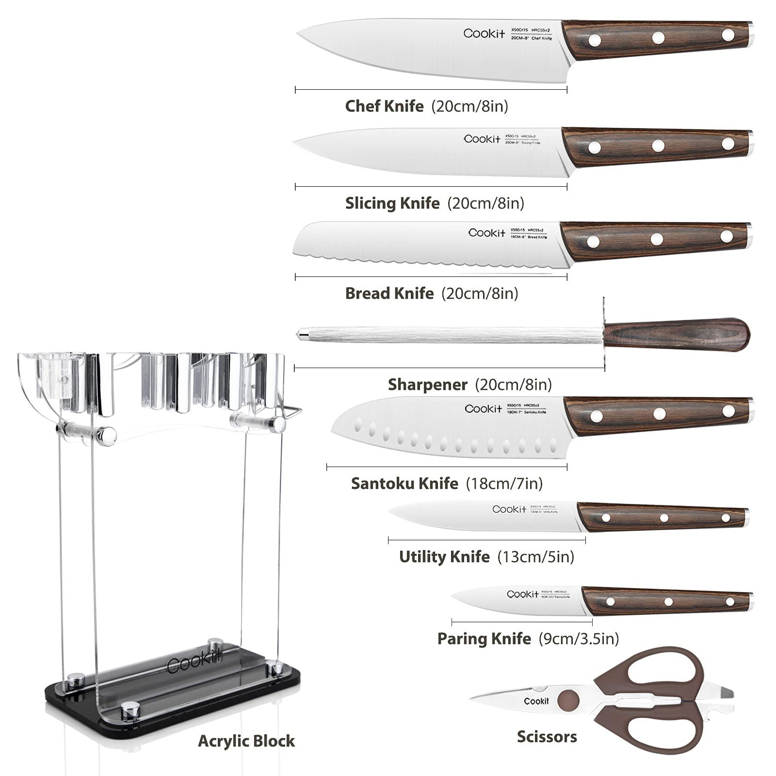 Knife Block with Knife, 9-Piece Kitchen Knife Set Sharp with Acrylic Block Holder, Wooden Handle with Manual Sharpener, Peeling Scissors - Best Cutlery Set Gift Amazon Platform Banned - Nioor