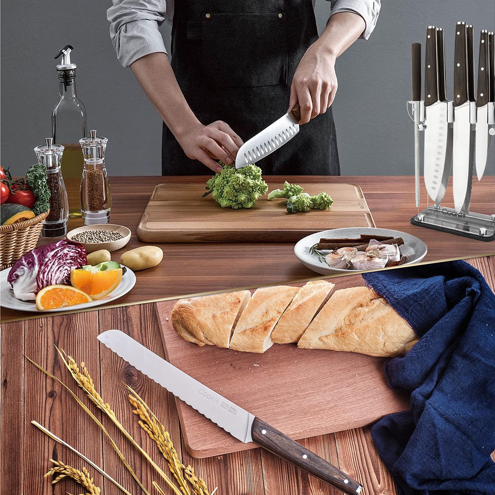 Knife Block with Knife, 9-Piece Kitchen Knife Set Sharp with Acrylic Block Holder, Wooden Handle with Manual Sharpener, Peeling Scissors - Best Cutlery Set Gift Amazon Platform Banned - Nioor