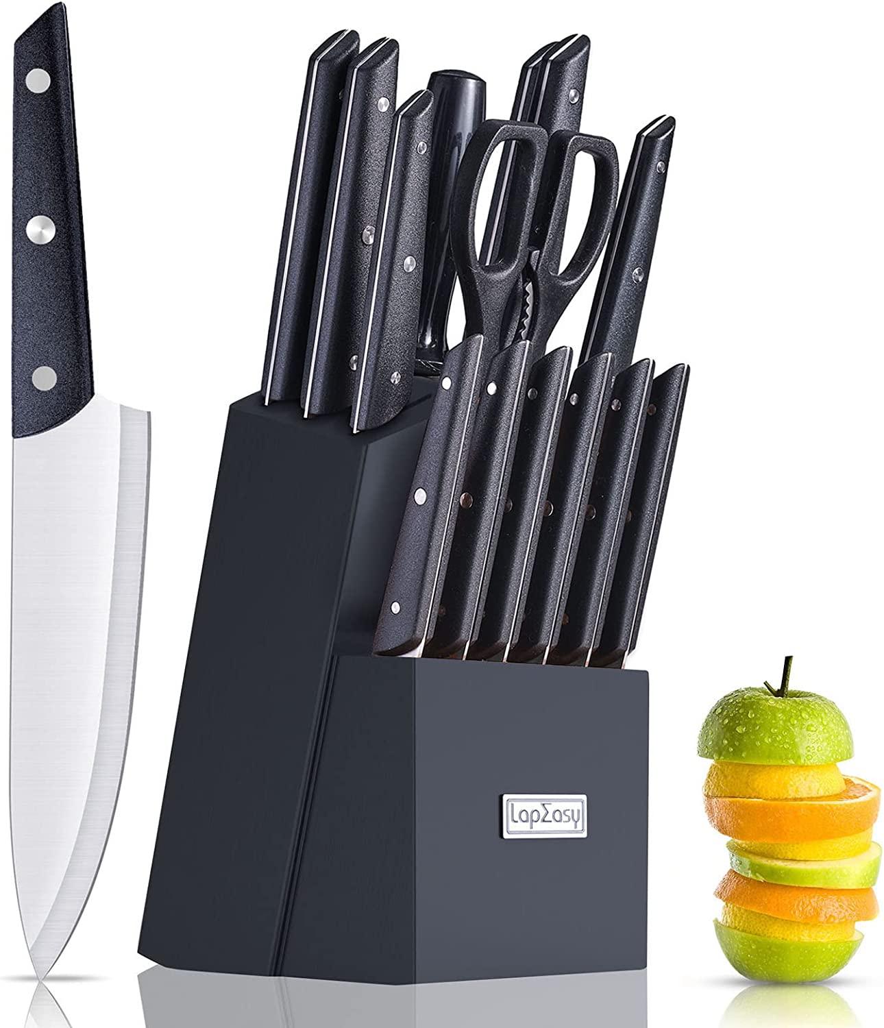 Knife Set With Block, LapEasy 15 Pieces Kitchen Knife Set With Pine Block Holder, Knife Block Set With Sharpener, High Stainless Steel Knives With Comfortable-Grip ABS Handles. - Nioor