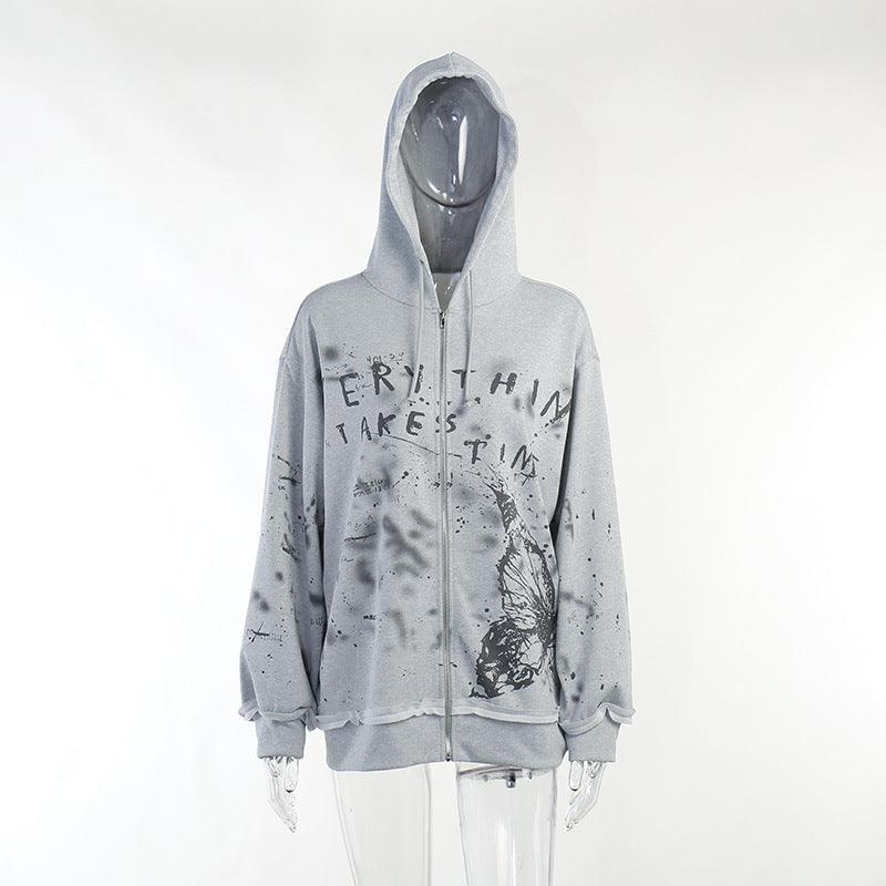 Knitted Butterfly Print Loose Hoodie - Nioor