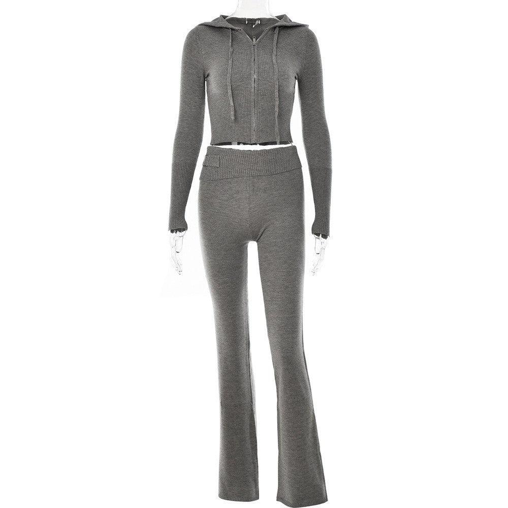 Knitted Hooded Suits Women's High Waist Long Sleeves Trousers Two-piece Set - Nioor