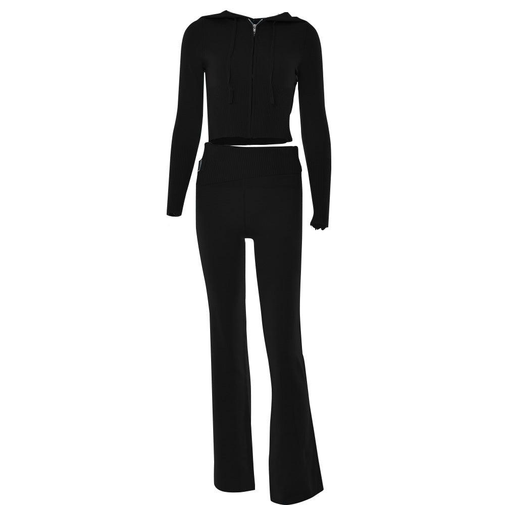 Knitted Hooded Suits Women's High Waist Long Sleeves Trousers Two-piece Set - Nioor