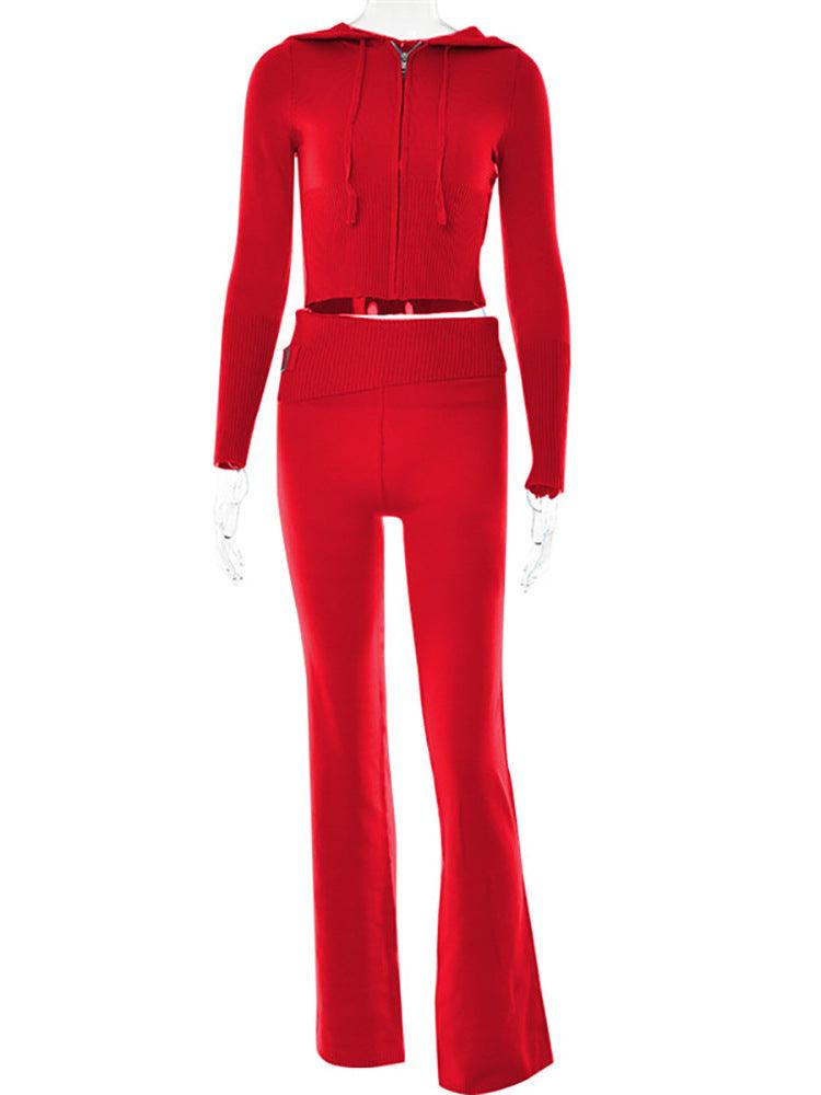 Knitted Hooded Suits Women's High Waist Long Sleeves Trousers Two-piece Set - Nioor