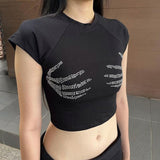 Knitted Round Neck Rhinestone Short Sleeve Top Sexy Hot Girl Short Women's Clothing - Nioor