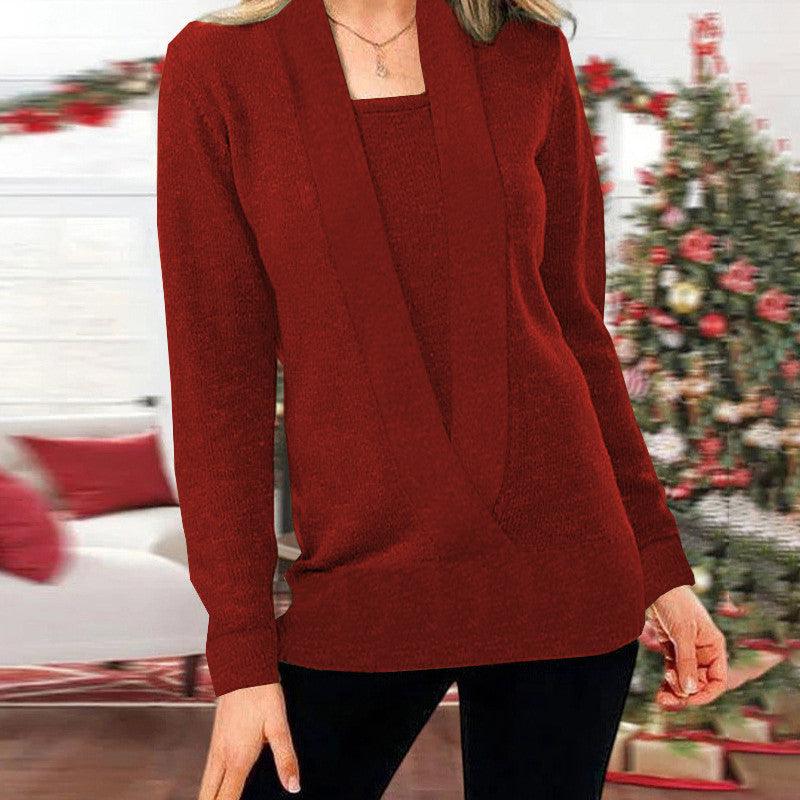 Knitted Solid Color Deep V-neck Long Sleeved Sweater For Women - Nioor