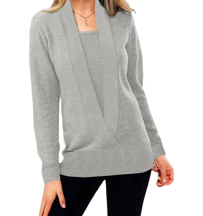 Knitted Solid Color Deep V-neck Long Sleeved Sweater For Women - Nioor