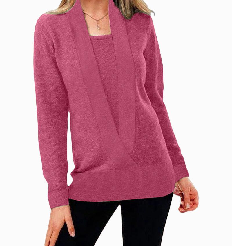 Knitted Solid Color Deep V-neck Long Sleeved Sweater For Women - Nioor