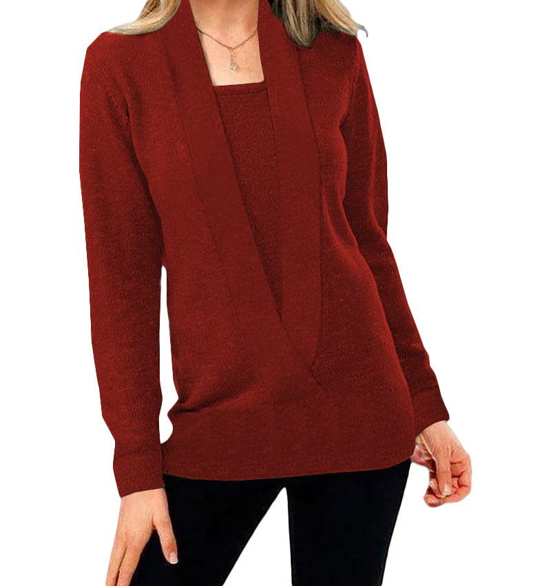 Knitted Solid Color Deep V-neck Long Sleeved Sweater For Women - Nioor