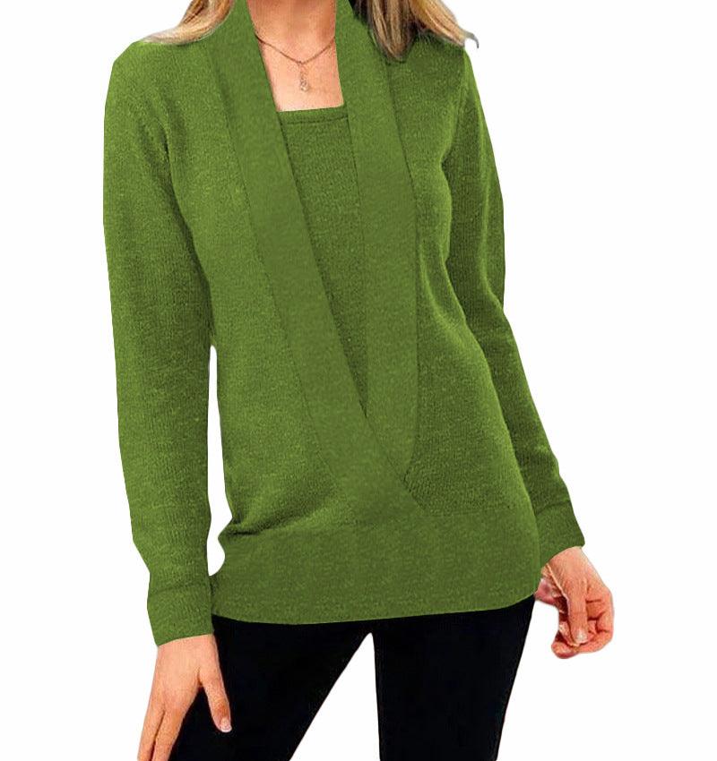 Knitted Solid Color Deep V-neck Long Sleeved Sweater For Women - Nioor