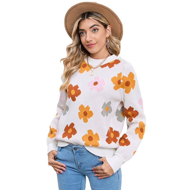 Knitted Thread Pullover Women's Flower Print Warm - Nioor