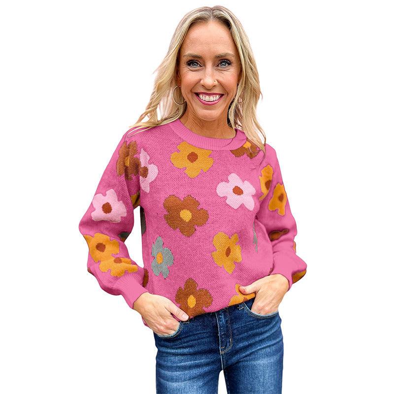 Knitted Thread Pullover Women's Flower Print Warm - Nioor