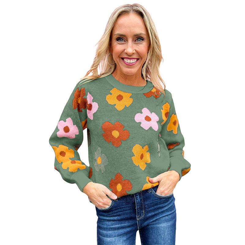 Knitted Thread Pullover Women's Flower Print Warm - Nioor