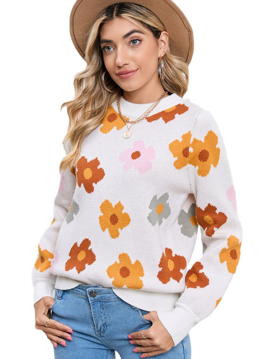 Knitted Thread Pullover Women's Flower Print Warm - Nioor