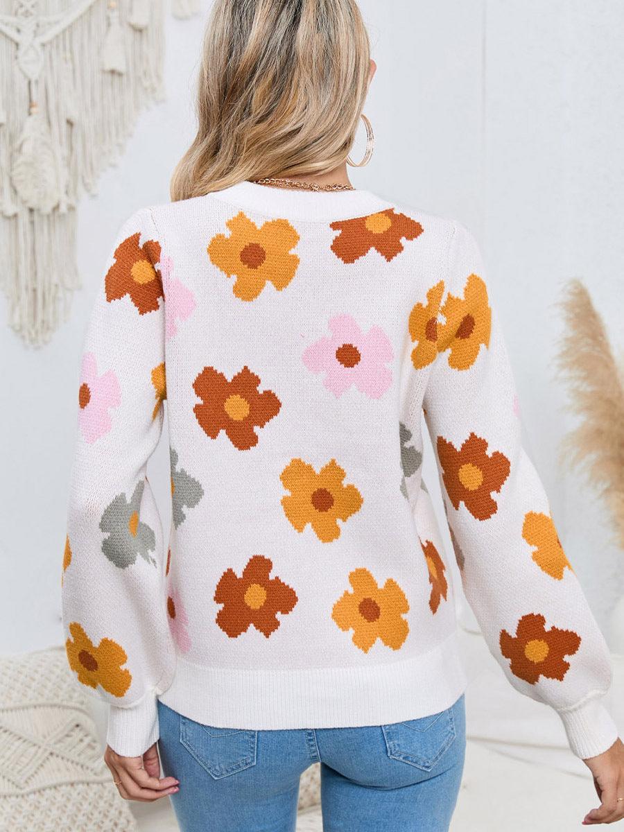 Knitted Thread Pullover Women's Flower Print Warm - Nioor