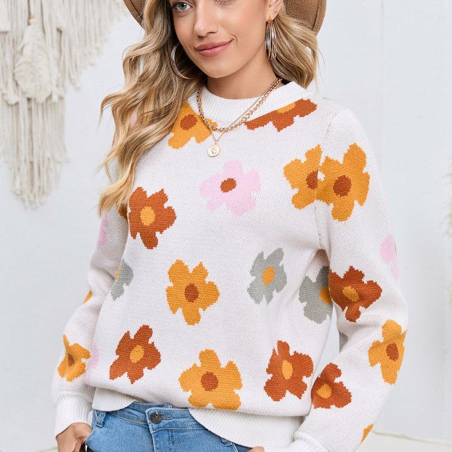 Knitted Thread Pullover Women's Flower Print Warm - Nioor