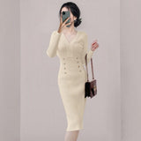 Knitted V-neck Long Sleeve Temperament Wild Slim Dress - Nioor