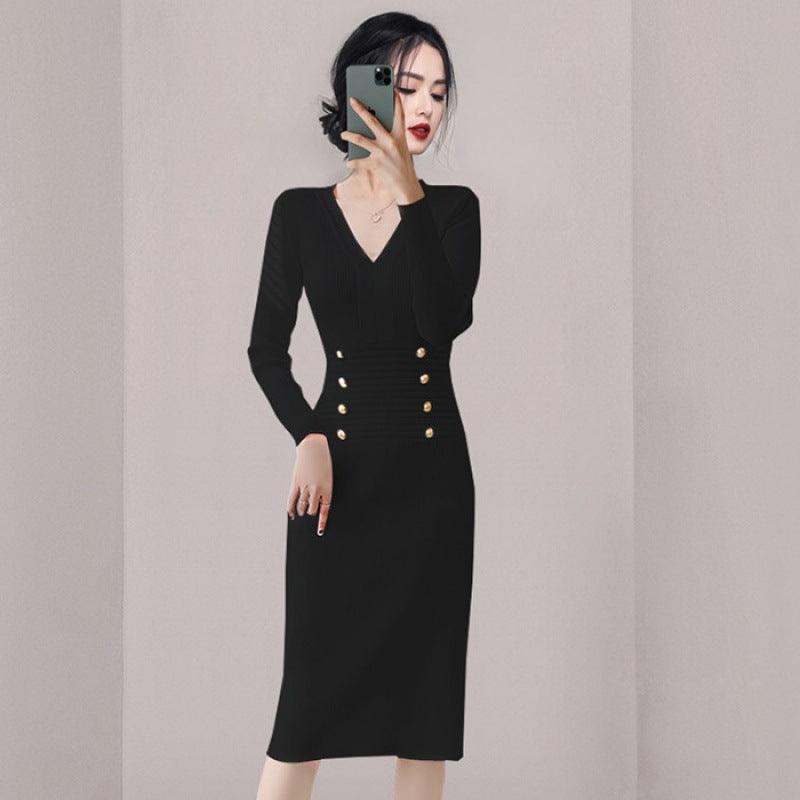 Knitted V-neck Long Sleeve Temperament Wild Slim Dress - Nioor