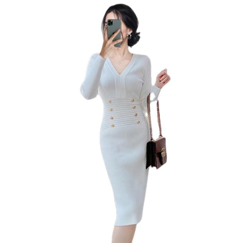 Knitted V-neck Long Sleeve Temperament Wild Slim Dress - Nioor