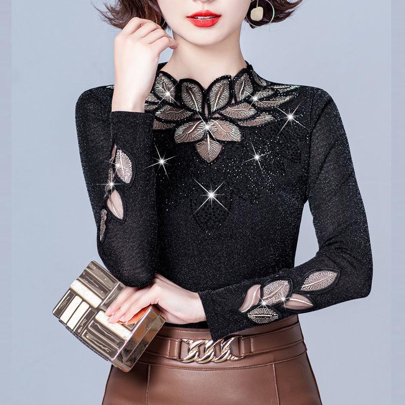 Lace Bottoming Shirt Mesh Rhinestone Long Sleeve Silver Fox Velvet Leaf-shaped Flowers Small Shirt - Nioor