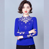 Lace Bottoming Shirt Mesh Rhinestone Long Sleeve Silver Fox Velvet Leaf-shaped Flowers Small Shirt - Nioor