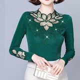 Lace Bottoming Shirt Mesh Rhinestone Long Sleeve Silver Fox Velvet Leaf-shaped Flowers Small Shirt - Nioor