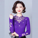 Lace Bottoming Shirt Mesh Rhinestone Long Sleeve Silver Fox Velvet Leaf-shaped Flowers Small Shirt - Nioor