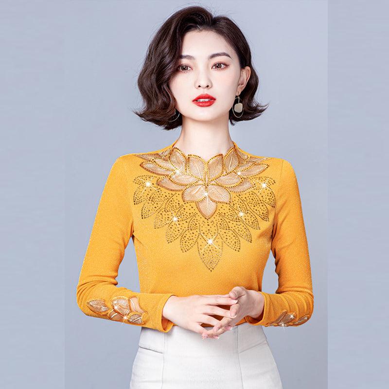 Lace Bottoming Shirt Mesh Rhinestone Long Sleeve Silver Fox Velvet Leaf-shaped Flowers Small Shirt - Nioor