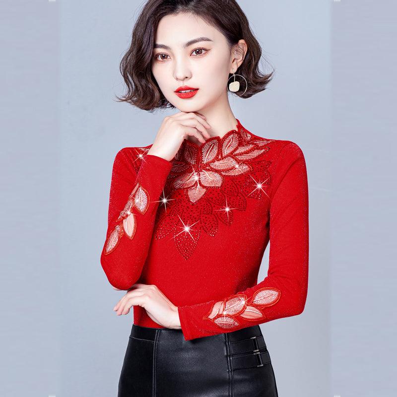 Lace Bottoming Shirt Mesh Rhinestone Long Sleeve Silver Fox Velvet Leaf-shaped Flowers Small Shirt - Nioor