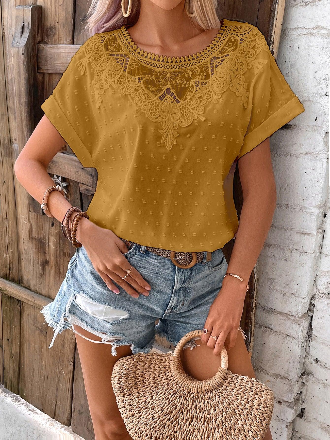 Lace Ruffled Short Sleeves T-shirt Loose All-matching Top - Nioor