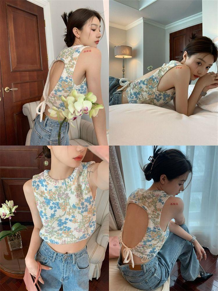 Lace-up Vacation Little Flowers Knitted Vest For Women - Nioor