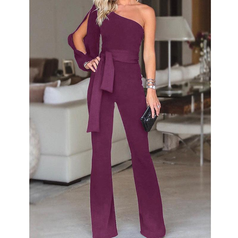 Ladies High Waist Slim One-Shoulder Jumpsuit - Nioor