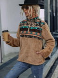 Ladies Loose Pullover Geometric Print Round Neck Plush Sweatshirt - Nioor