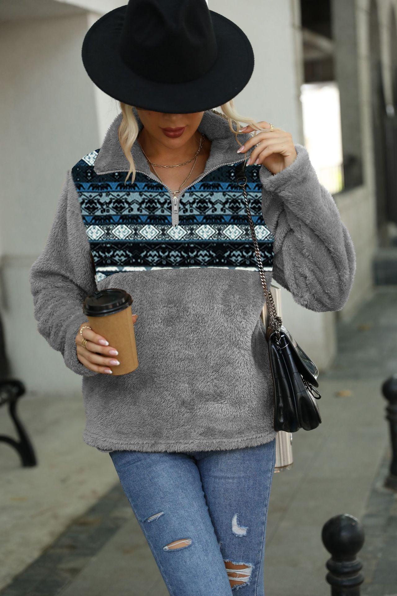 Ladies Loose Pullover Geometric Print Round Neck Plush Sweatshirt - Nioor