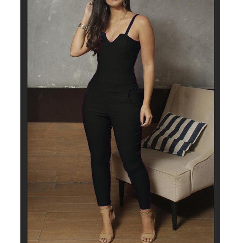 Ladies Summer Solid Color Skinny Jumpsuit High Stretch Suspender Jumpsuit - Nioor