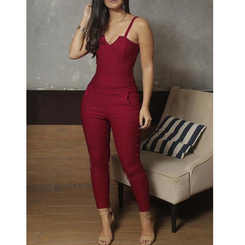 Ladies Summer Solid Color Skinny Jumpsuit High Stretch Suspender Jumpsuit - Nioor