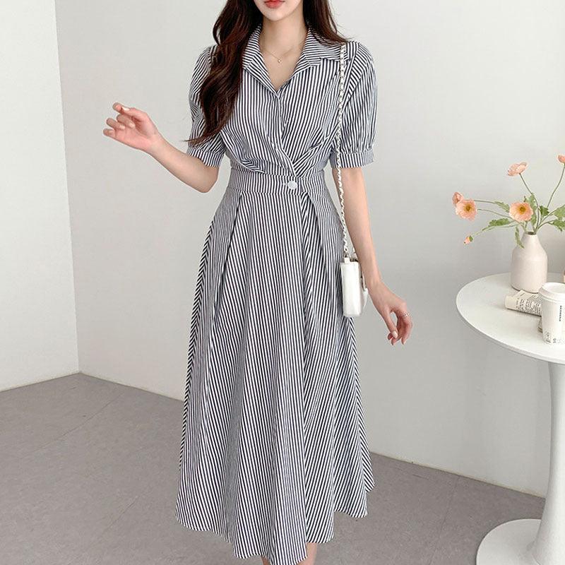 Lapel Button Waist-tight Slimming Puff Sleeve Striped Shirt Dress - Nioor